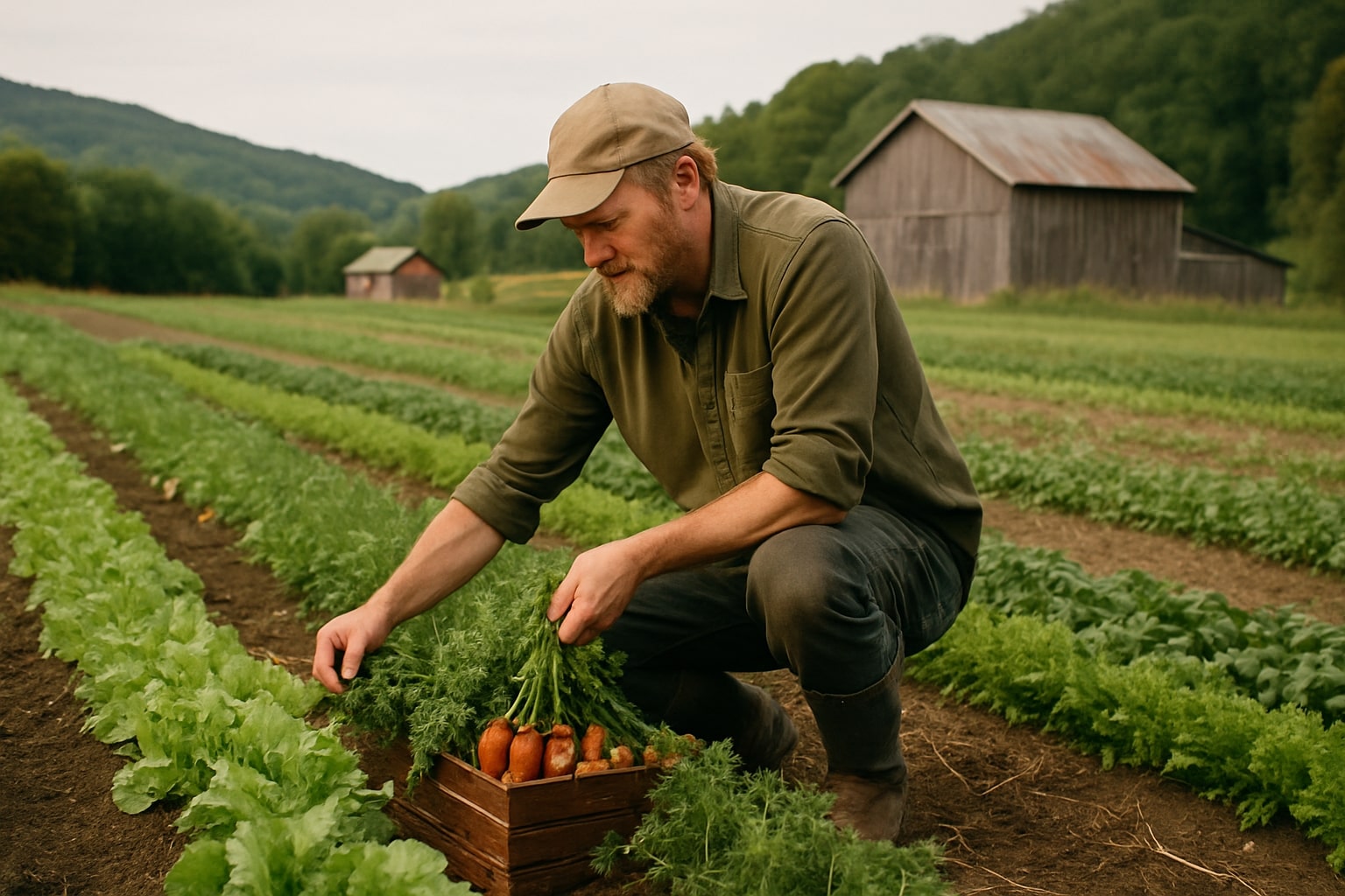 Bærekraftig gård med bonde som arbeider med grønnsaker
