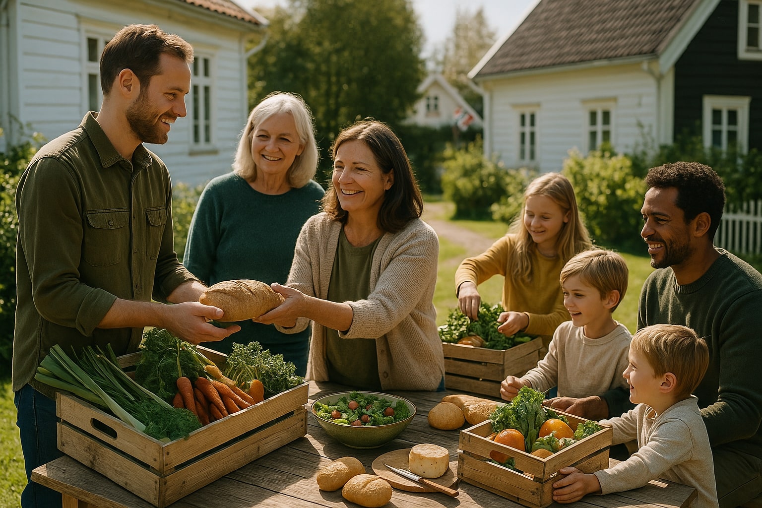 Naboer som møtes for å dele mat fra vennskapsgård